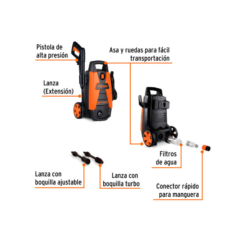 Hidrolavadora 1400W 1.9HP 1500PSI 1.2GMP Sistema Para Automatico, Truper 102095 242.372881 Hidrolavadora 1400W 1.9HP 1500PSI 1.