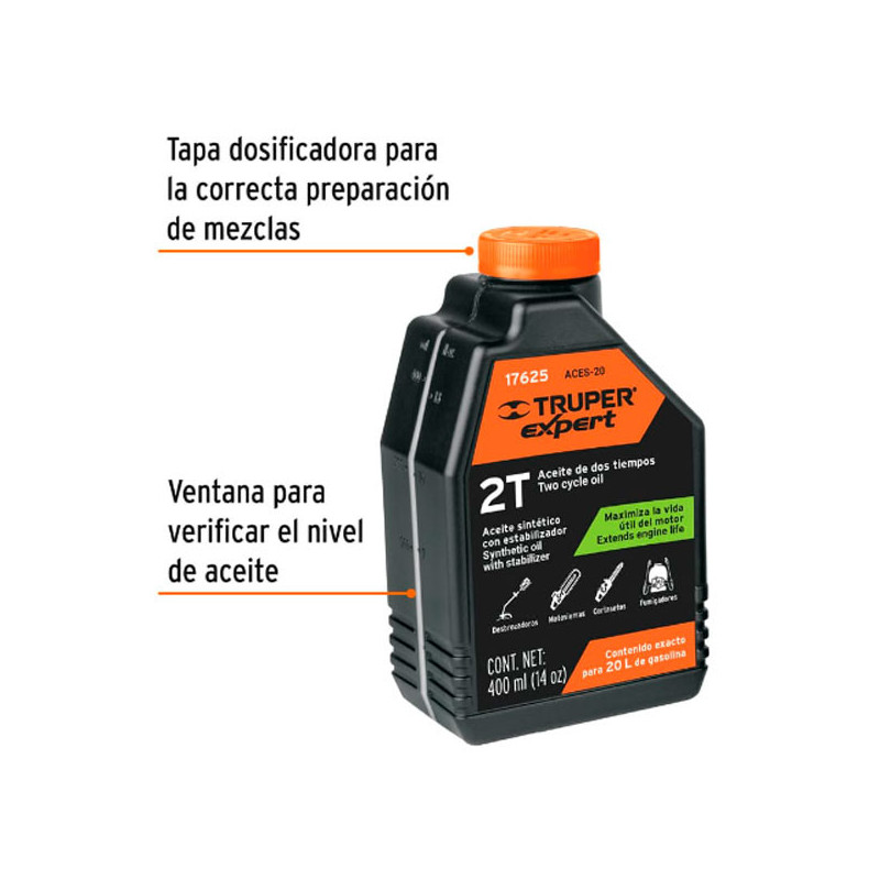 Aceite Sintetico 400ml 14oz Para 20L Gasolina motor 2 Tiempos Motos Desbrozadoras Motosierras, Truper ACES-20 17625 10.169492 A
