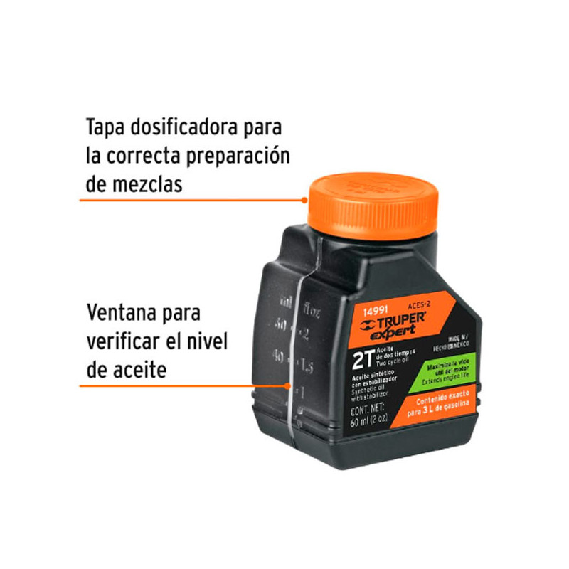 Aceite Sintetico 60ml 2oz Para 3L Gasolina motor 2 Tiempos Motos Desbrozadoras Motosierras, Truper ACES-2 14991 2.711864 Aceite