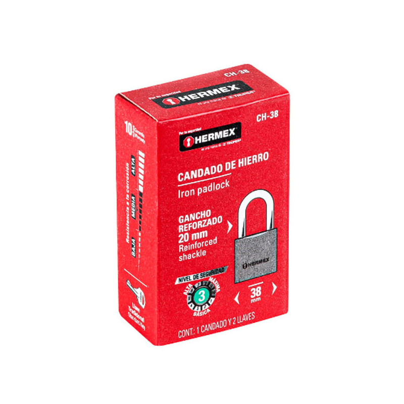 Candados 38mm S3 Hierro Hermex 43315 6.779661 Candados 38mm S3 Hierro Hermex 43315 Cuerpo de hierro en una sola pieza y gancho