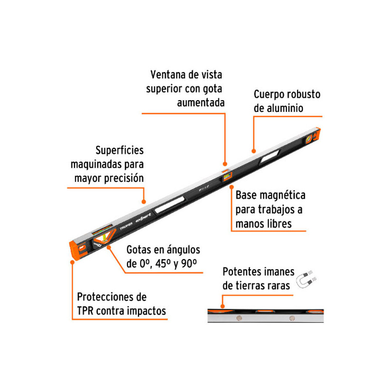 Niveles Profesionales Magneticos 48" 122cm Aluminio TPR, Truper 14629 75.423729 Niveles Profesionales Magneticos 48" 122cm Alum