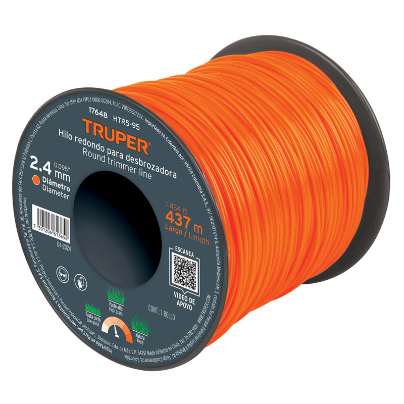Hilo Redondo para desbrozadora 2.4mm x437M Carrete, HTR5-95 17648 Truper 97 Hilo Redondo para desbrozadora 2.4mm x437M Carrete,