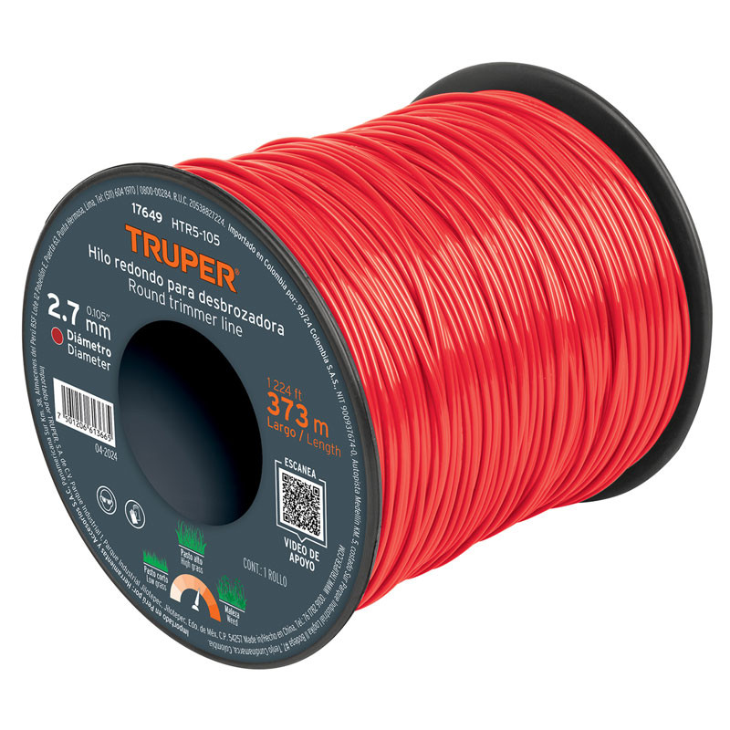 Hilo Redondo para desbrozadora 2.7mm x373M Carrete, HTR5-105 17649 Truper 97 Hilo Redondo para desbrozadora 2.7mm x373M Carrete