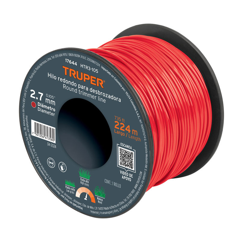 Hilo Redondo para desbrozadora 2.7mm x224M Carrete, HTR3-105 17644 Truper 60 Hilo Redondo para desbrozadora 2.7mm x224M Carrete