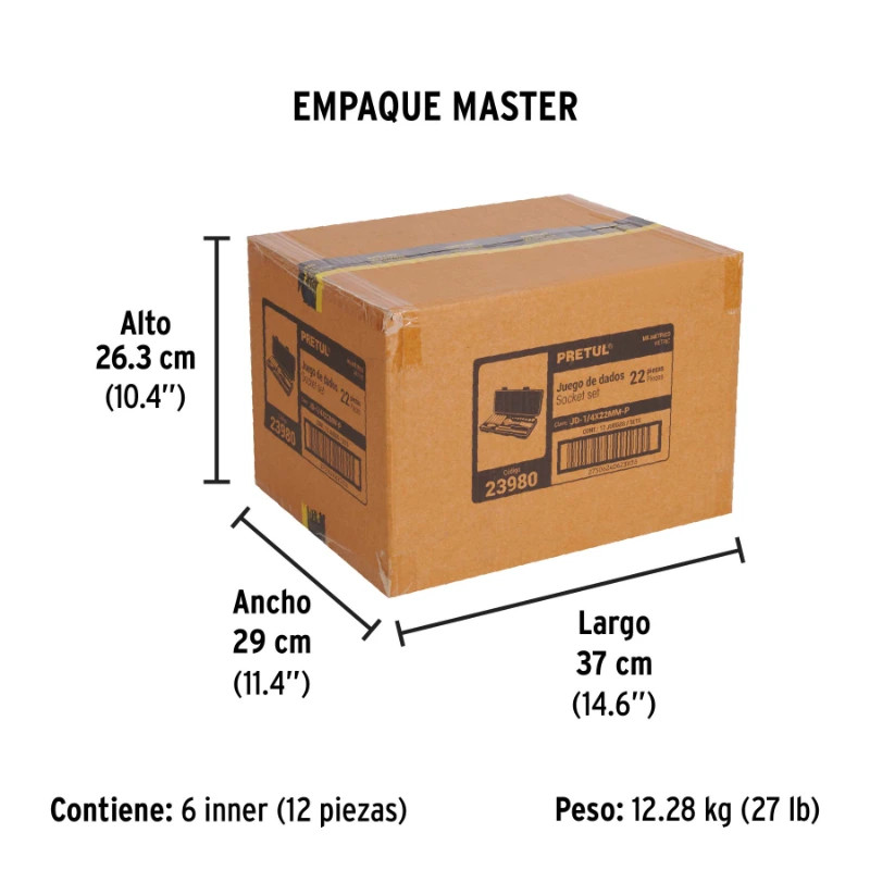 Juego de dados 22 Piezas Milimetrico con Estuche de Plastico, Encastre 1/4", JD-1/4X22MM-P 23980 Pretul 49 Juego de dados 22 Pi