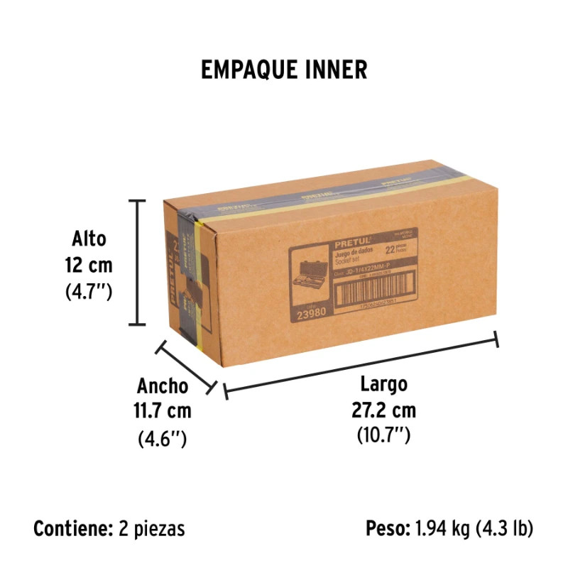 Juego de dados 22 Piezas Milimetrico con Estuche de Plastico, Encastre 1/4", JD-1/4X22MM-P 23980 Pretul 49 Juego de dados 22 Pi