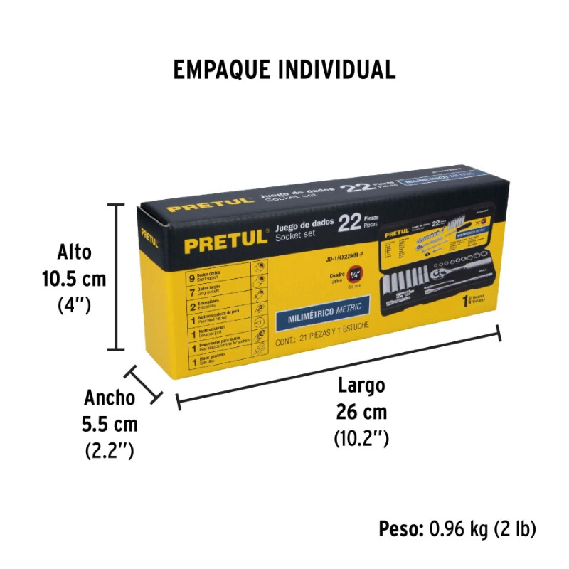 Juego de dados 22 Piezas Milimetrico con Estuche de Plastico, Encastre 1/4", JD-1/4X22MM-P 23980 Pretul 49 Juego de dados 22 Pi