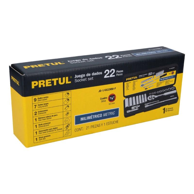 Juego de dados 22 Piezas Milimetrico con Estuche de Plastico, Encastre 1/4", JD-1/4X22MM-P 23980 Pretul 49 Juego de dados 22 Pi