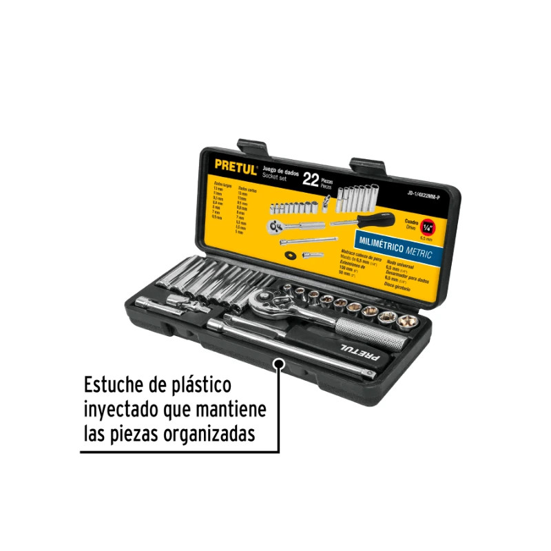 Juego de dados 22 Piezas Milimetrico con Estuche de Plastico, Encastre 1/4", JD-1/4X22MM-P 23980 Pretul 49 Juego de dados 22 Pi