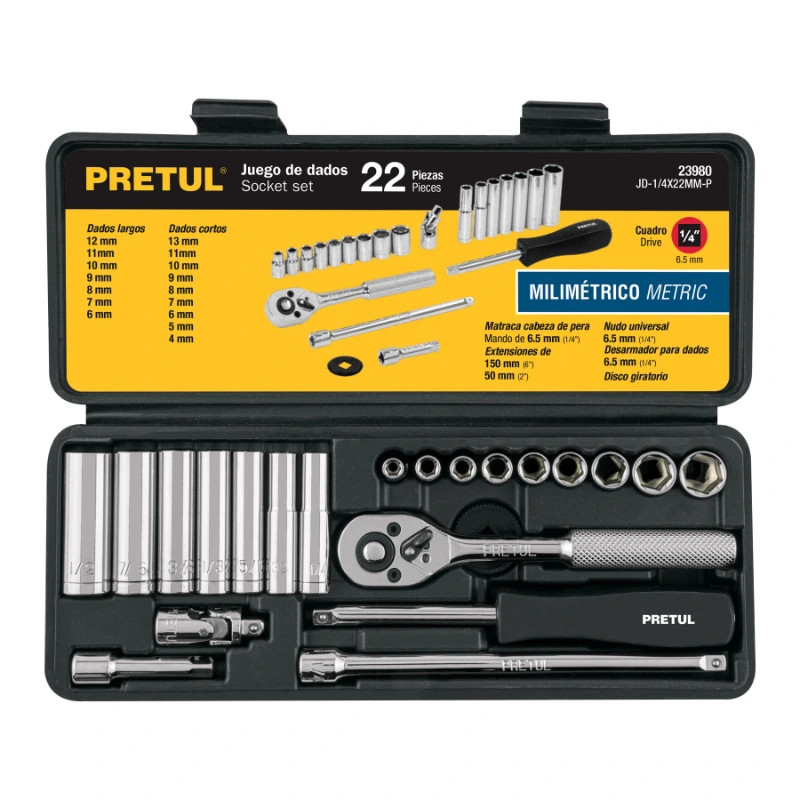 Juego de dados 22 Piezas Milimetrico con Estuche de Plastico, Encastre 1/4", JD-1/4X22MM-P 23980 Pretul