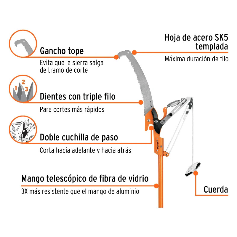 Tijera con mango Telescopico de Fibra de Vidrio 350cm Hoja SK5 16" Templada, Cuchilla 1 1/4", TR-82M-F 18410 Truper 135 Tijera