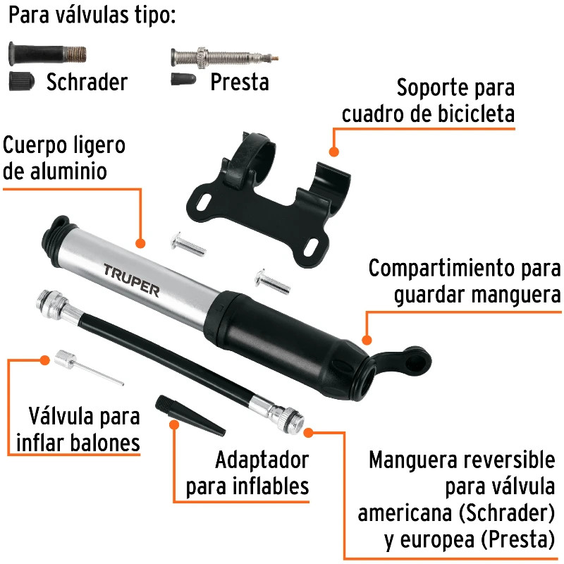 Infladores Mini para Bicicleta 75 PSI abatible Aluminio, Truper 11997 21 Infladores Mini para Bicicleta 75 PSI abatible Alumini