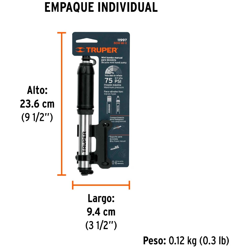 Infladores Mini para Bicicleta 75 PSI abatible Aluminio, Truper 11997 21 Infladores Mini para Bicicleta 75 PSI abatible Alumini