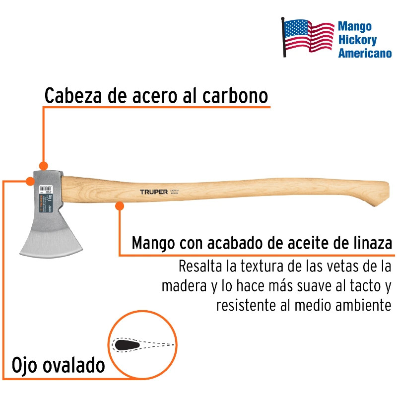 Hacha europeo 800g MangoHickory 28" Truper 101768 42 Hacha europeo 800g MangoHickory 28" Truper 101768 Cabeza en acero al car