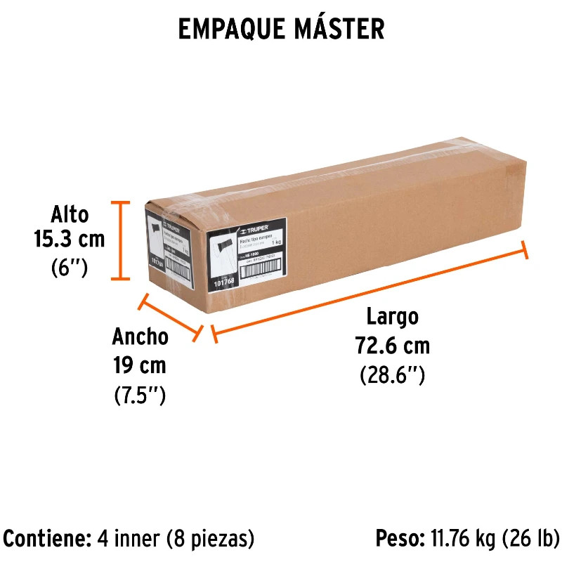 Hacha europeo 800g MangoHickory 28" Truper 101768 42 Hacha europeo 800g MangoHickory 28" Truper 101768 Cabeza en acero al car
