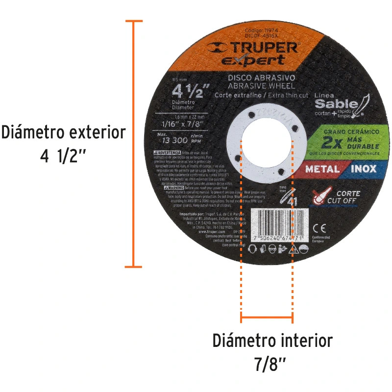 Discos de Corte Metal 4-1/2" x1.6mm OAluminio Inox D7/8 T41, Truper 11974 3.2 Discos de Corte Metal 4-1/2" x1.6mm OAluminio Ino
