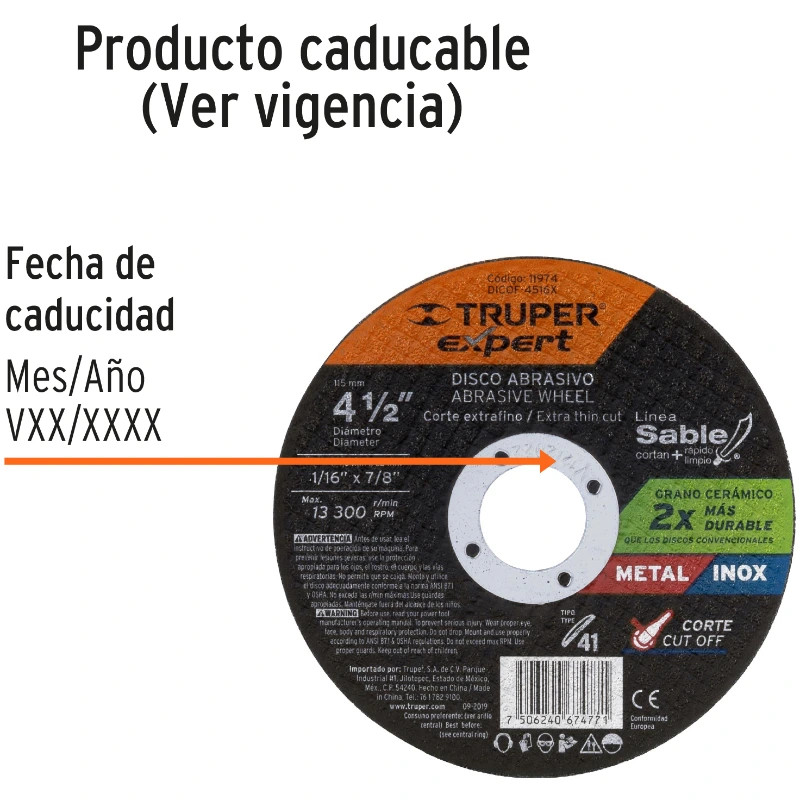 Discos de Corte Metal 4-1/2" x1.6mm OAluminio Inox D7/8 T41, Truper 11974 3.2 Discos de Corte Metal 4-1/2" x1.6mm OAluminio Ino