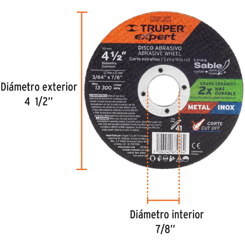 Discos de Corte Metal 4-1/2" x1.2mm OAluminio Inox D7/8 T41, Truper 11901 3.1 Discos de Corte Metal 4-1/2" x1.2mm OAluminio Ino