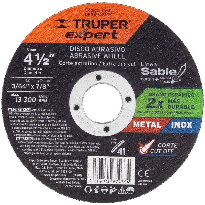 Discos de Corte Metal 4-1/2" x1.2mm OAluminio Inox D7/8 T41, Truper 11901 3.1 Discos de Corte Metal 4-1/2" x1.2mm OAluminio Ino