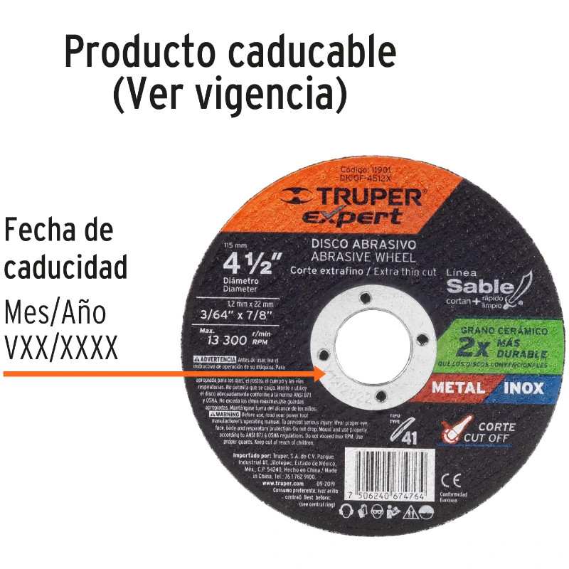 Discos de Corte Metal 4-1/2" x1.2mm OAluminio Inox D7/8 T41, Truper 11901 3.1 Discos de Corte Metal 4-1/2" x1.2mm OAluminio Ino