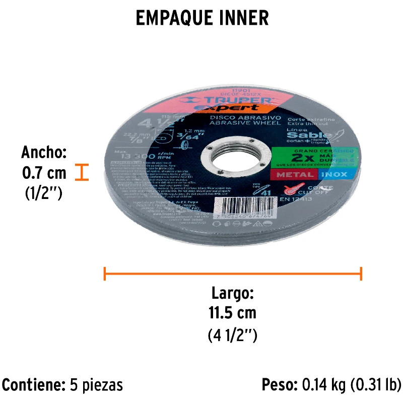 Discos de Corte Metal 4-1/2" x1.2mm OAluminio Inox D7/8 T41, Truper 11901 3.1 Discos de Corte Metal 4-1/2" x1.2mm OAluminio Ino