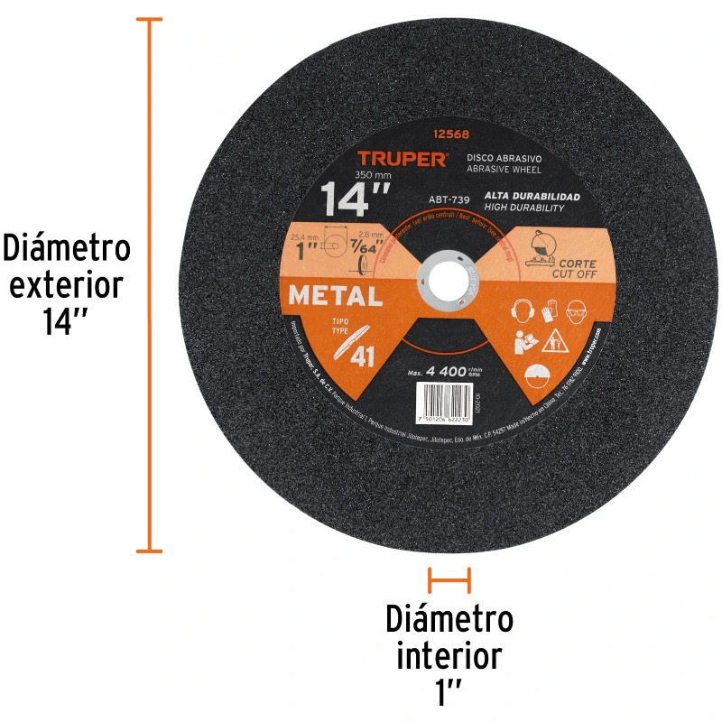 Discos Corte Metal 14" 355.6x2.8mm C1" T41 OxidoAlumino, ABT-739 Truper 12568 13.9 Discos Corte Metal 14" 355.6x2.8mm C1" T41 O
