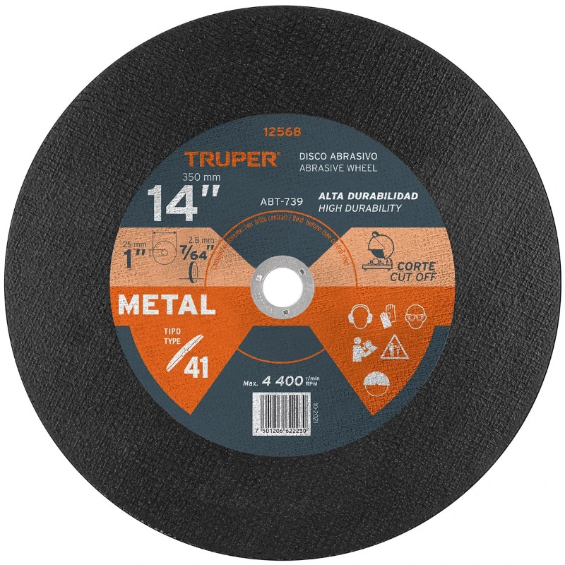 Discos Corte Metal 14" 355.6x2.8mm C1" T41 OxidoAlumino, ABT-739 Truper 12568 13.9 Discos Corte Metal 14" 355.6x2.8mm C1" T41 O