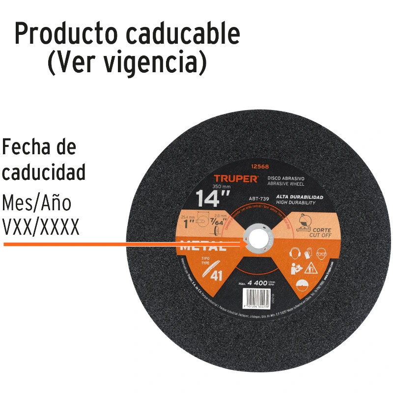 Discos Corte Metal 14" 355.6x2.8mm C1" T41 OxidoAlumino, ABT-739 Truper 12568 13.9 Discos Corte Metal 14" 355.6x2.8mm C1" T41 O
