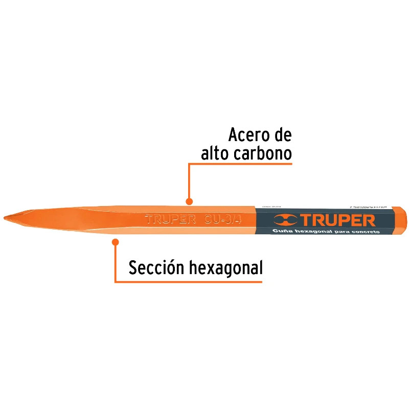 Cincel Punta 12" D3/4", Hexagonales para Concreto acero alto carbono, CU-3/4 13050 Truper 9.1 Cincel Punta 12" D3/4", Hexagonal