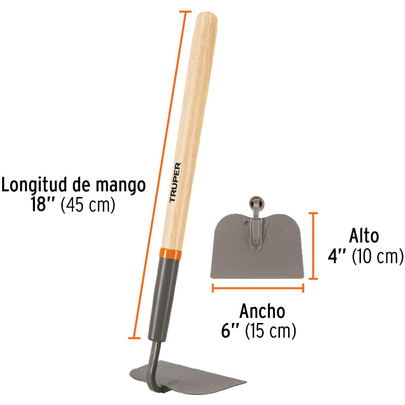 Azadon Tomatero con Mango corto 16", Acero medio Carbono, Ancho hoja 6" 1/4" Altura 4 3/8", ATJ-C 10562 Truper 14.2 Azadon Toma