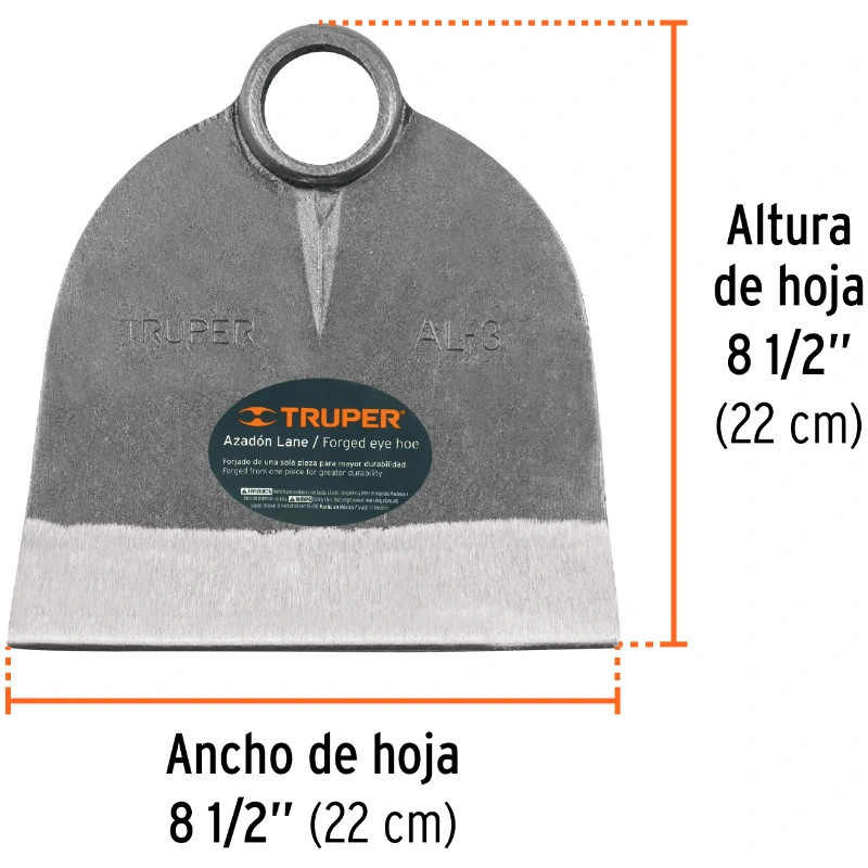 Azadon Lane, sin Mango Ancho Hoja 8 1/2" Altura 8 5/8" , Acero al Carbono, Diametro 38 - 39mm, AL-3 10609 Truper 24 Azadon Lane