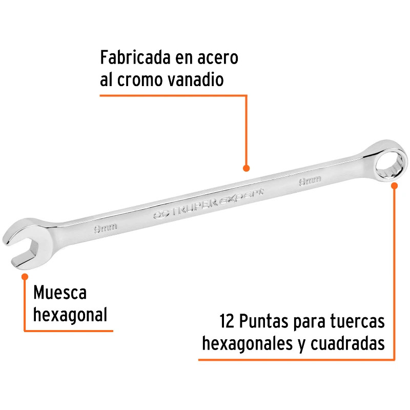 Llave Boca Mixta 9mm Combinada CrVanadio ELarga Truper 15613 6.999996 Llave Boca Mixta 9mm Combinada CrVanadio ELarga Truper 15
