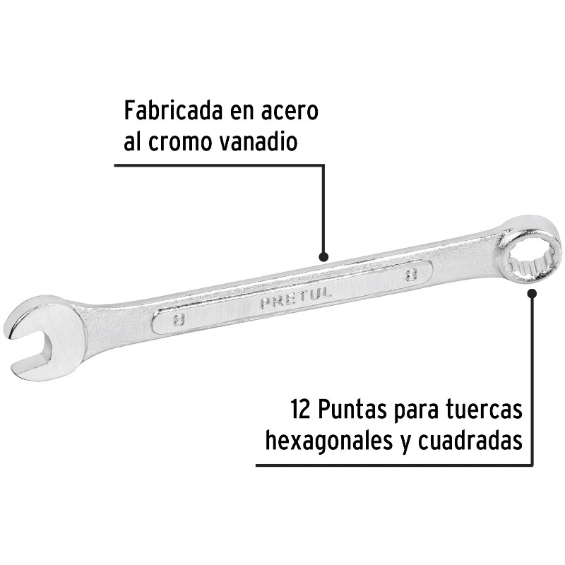 Llave Boca Mixta 8mm Combinada CrVanadio Pretul 21902 3.999964 Llave Boca Mixta 8mm Combinada CrVanadio Pretul 21902 Fabricad