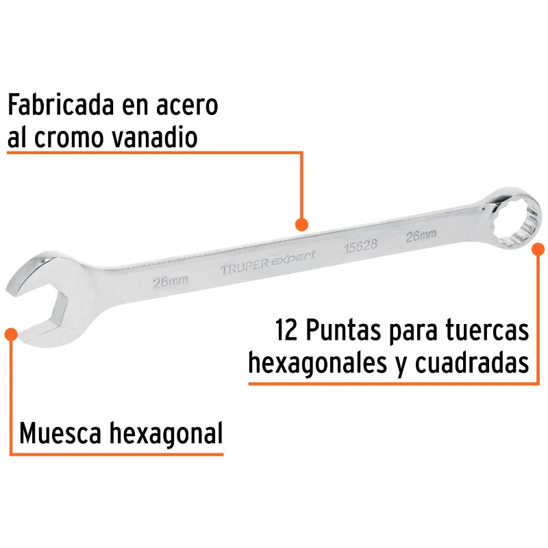 Llave Boca Mixta 26mm Combinada CrVanadio ELarga Truper 15628 31.000016 Llave Boca Mixta 26mm Combinada CrVanadio ELarga Truper