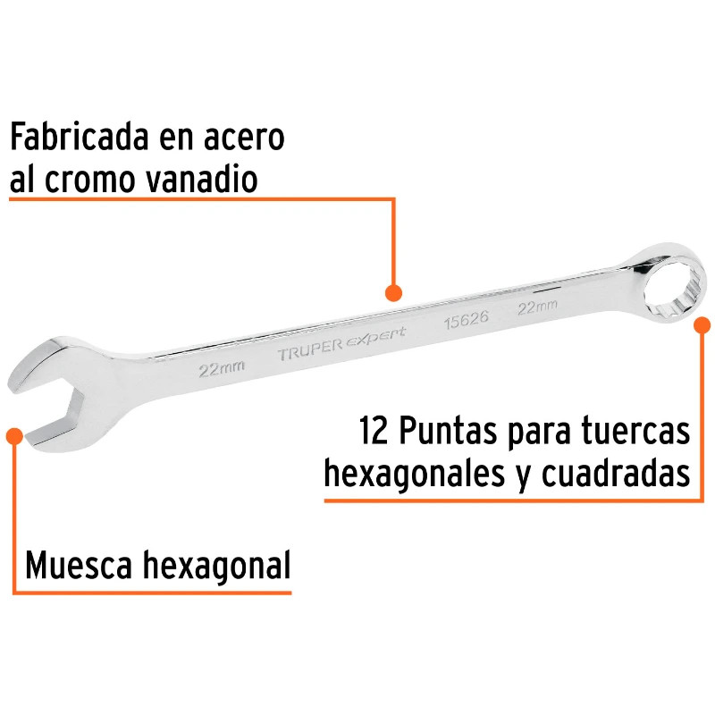 Llave Boca Mixta 22mm Combinada CrVanadio ELarga Truper 15626 20.999988 Llave Boca Mixta 22mm Combinada CrVanadio ELarga Truper