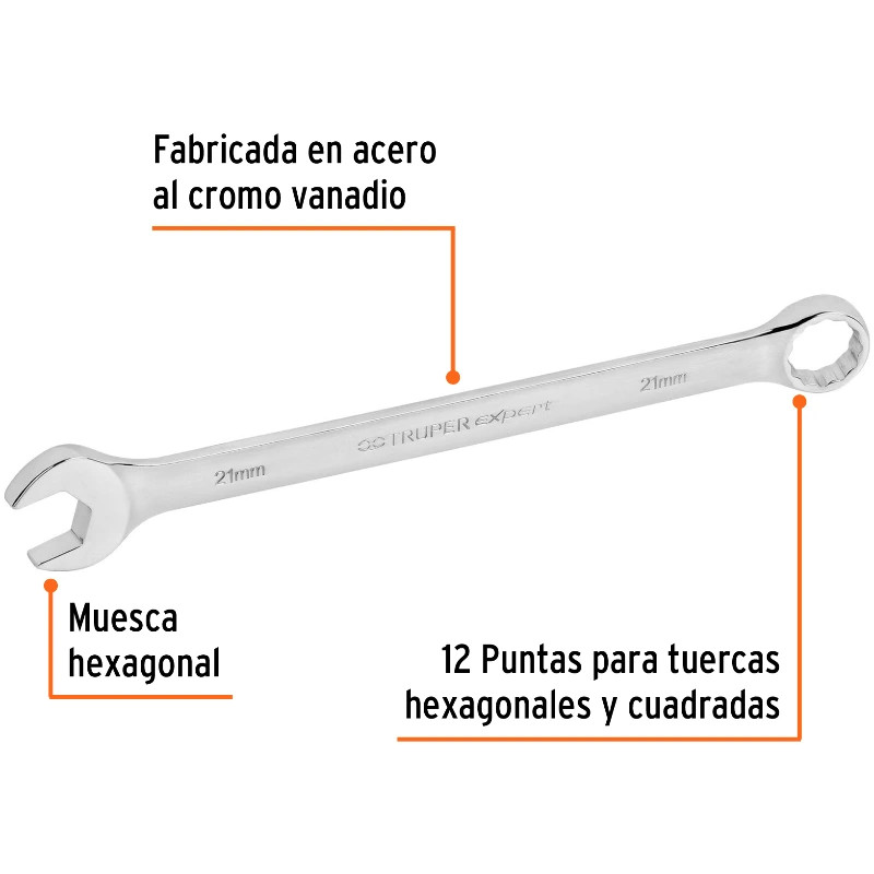 Llave Boca Mixta 21mm Combinada CrVanadio ELarga Truper 15625 19.000006 Llave Boca Mixta 21mm Combinada CrVanadio ELarga Truper