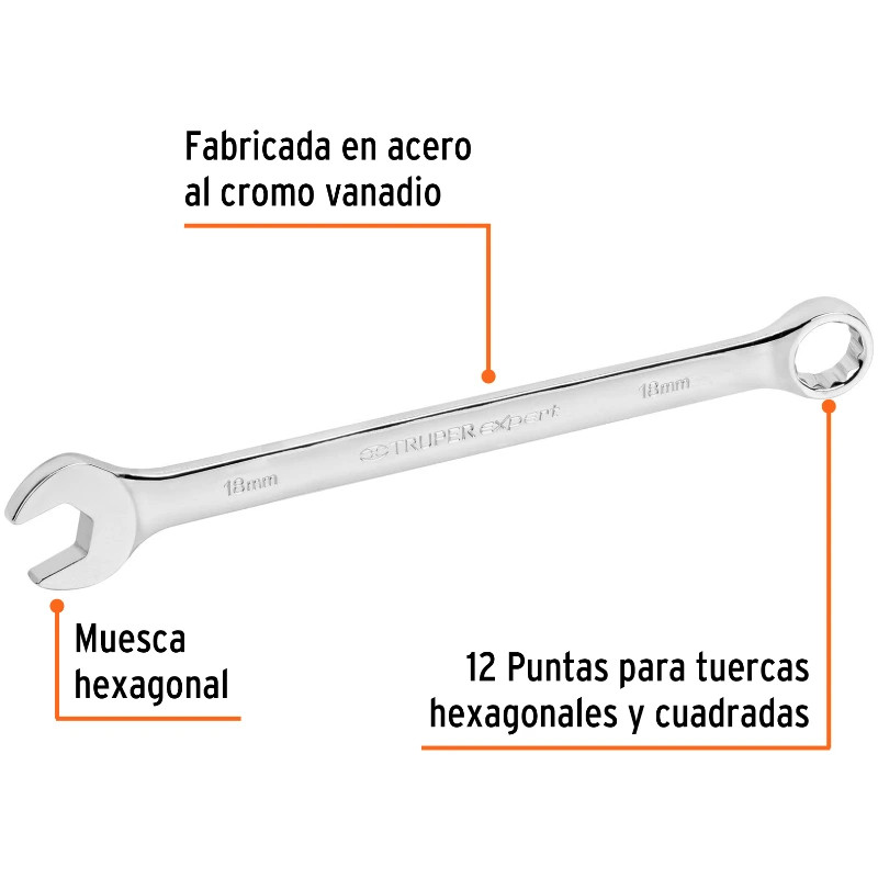 Llave Boca Mixta 18mm Combinada CrVanadio ELarga Truper 15622 15.000042 Llave Boca Mixta 18mm Combinada CrVanadio ELarga Truper