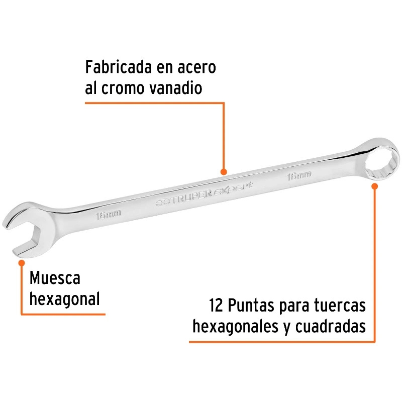 Llave Boca Mixta 16mm Combinada CrVanadio ELarga Truper 15620 12.999942 Llave Boca Mixta 16mm Combinada CrVanadio ELarga Truper