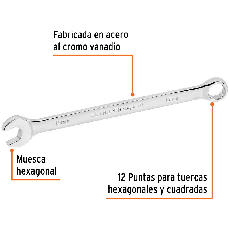 Llave Boca Mixta 15mm Combinada CrVanadio ELarga Truper 15619 12.00001 Llave Boca Mixta 15mm Combinada CrVanadio ELarga Truper