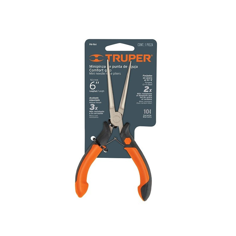 Alicate de punta de aguja 5 7/8" Comfort Grip acero al cromo vanadio, PM-PA4 17369 Truper 10.59322 Alicate de punta de aguja 5