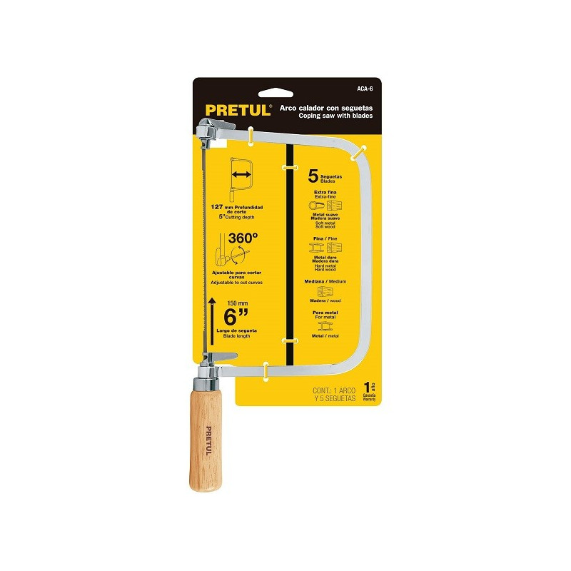 Arco de Sierra Arco Calador 6", Incluye 5 sierras, Varios Usos, ACA-6 20000 Pretul 18.644068 Arco de Sierra Arco Calador 6", In