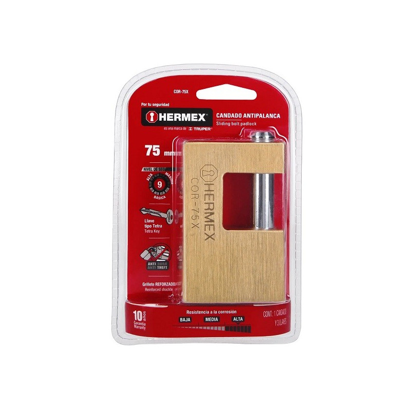 Candados Antipalanca 75mm S9 3Llaves Hermex 43353 69.491525 Candado Antipalanca 75mm Seguridad 9, cierre de balin incluye 3 Lla