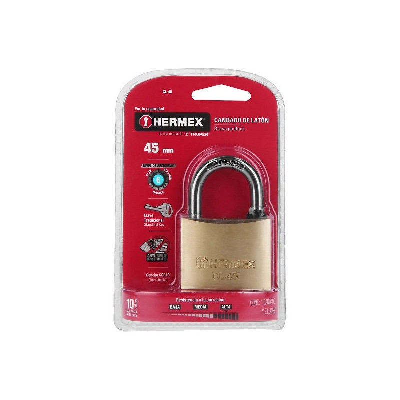 Candados 45mm S6 2llaves Hermex 43429 20.338983 Candado Pulido de Alta seguridad 45mm Seguridad 6, Incluyen 2 llaves Tradiciona
