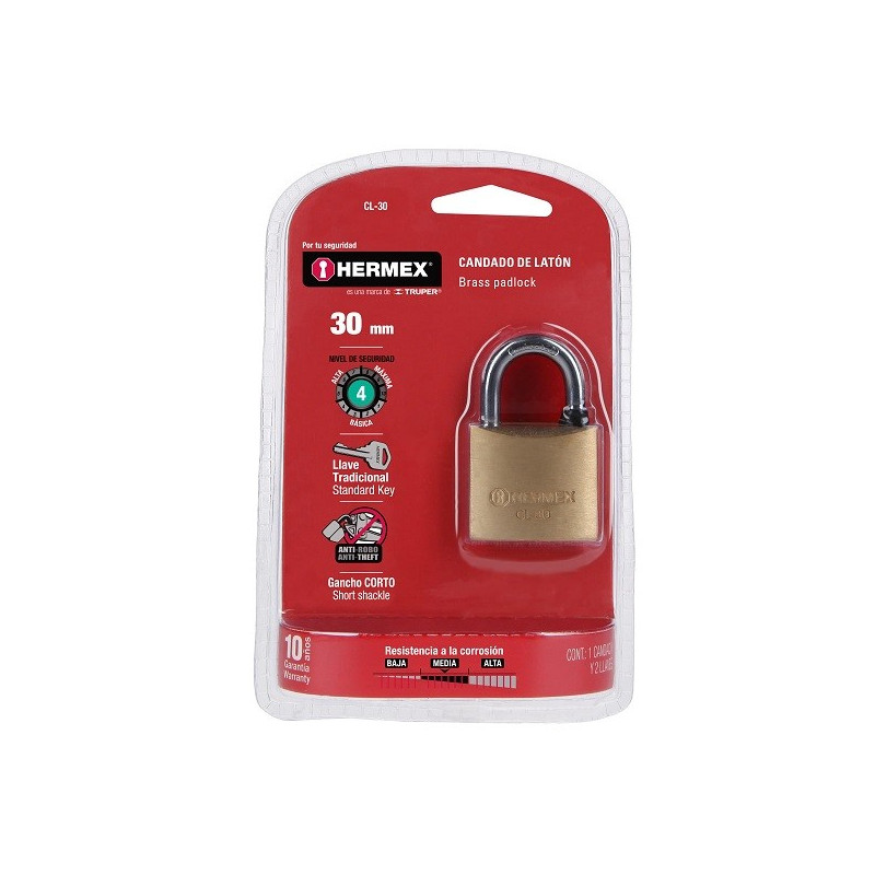 Candados 30mm S4 2llaves Hermex 43427 10.254237 Candado Pulido de Alta seguridad 30mm Seguridad 4, Incluyen 2 llaves Tradiciona