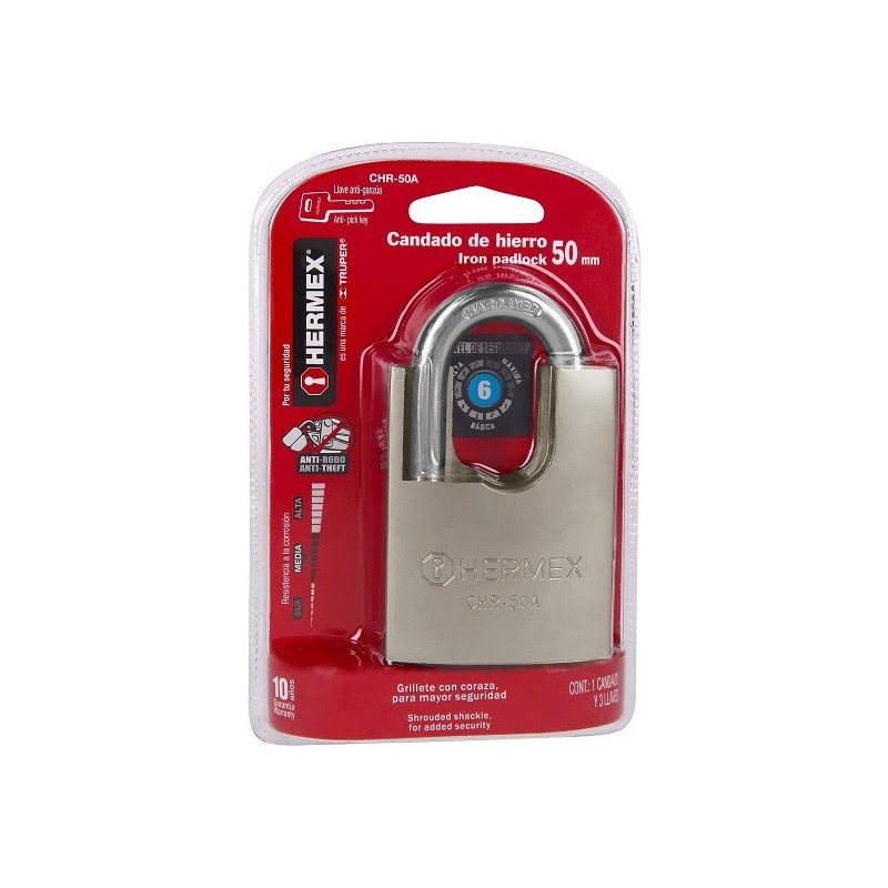 Candados Acorazado 50mm S6 Hierro 3llaves Anti-Ganzua Hermex 43313 16.610169 Candado Acorazado de Hierro 50mm Seguridad 6, cier