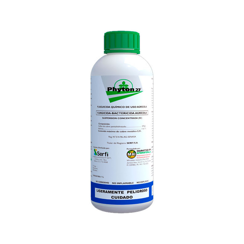  Phyton 27 1L, Sulfato de Cobre Pentahidratado Fungicida Bactericida Accion Sistemica, SERFI 279.661017 Phyton 27 1L, Sulfato de