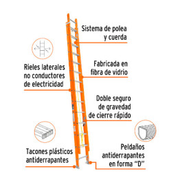  Escaleras  Telescopicas 20 Peldaños T2 Max5.8m P18kg FibraVidrio, Truper 100228 914.40678 Escaleras de Extension 20 Peldaños A3