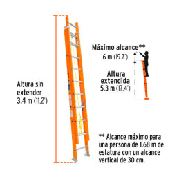  Escaleras  Telescopicas 20 Peldaños T2 Max5.8m P18kg FibraVidrio, Truper 100228 914.40678 Escaleras de Extension 20 Peldaños A3