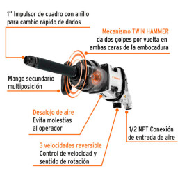  Llave Neumatica Pistola de Impacto 1" Industrial, Carcasa de Aluminio Pulido, TPN-797-6-2 11186 Truper 1288.983051 Llave Neumat