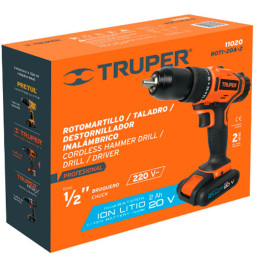  Taladro Percutor Inalambrico 1/2" 18V 1400RPM 22400GPM 28Nm Velocidad Reversible, ROTI-18A2-2 11020 Truper 299.152542 Taladro P